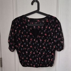 19 Cooper Black Blouse with Pink and Blue Floral Pattern